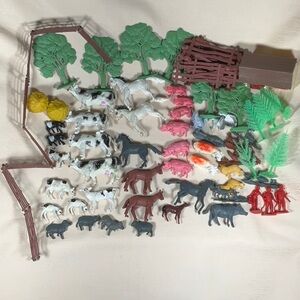 Vintage Farm Animals, Trees, Fencing, Barn, Haystacks